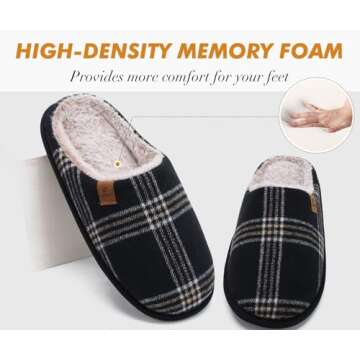 COFACE Womens Mens Black Flano Plaid Cozy Memory Foam scuff Slippers Slip On Warm House Shoes Indoor/Outdoor With Best Arch Support