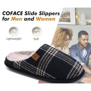 COFACE Womens Mens Black Flano Plaid Cozy Memory Foam scuff Slippers Slip On Warm House Shoes Indoor/Outdoor With Best Arch Support