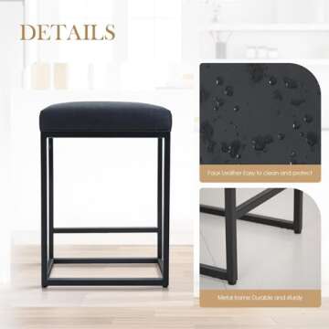 Sophia & William 24" Bar Stools Set of 2, Counter Height Bar Stools for Kitchen Island,Modern PU Leather Backless Bar Stools,Upholstered Kitchen Counter Stools,Black