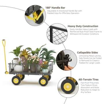 Our Modern Space 500 lbs Capacity Black Heavy Duty Metal Multi-Purpose Garden Tool Cart Wagon Foldable Sides Lawn Utility Cart