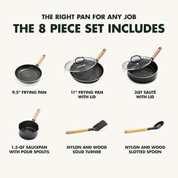 GreenPan Hudson Healthy Ceramic Nonstick, 8 Piece Cookware Pots and Pans Set, Vintage Wood Inspired Handle, PFAS-Free, Dishwasher Safe, Black