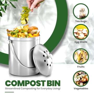 Utopia Kitchen Compost Bin for Kitchen Countertop - 1.3 Gallon Compost Bucket for Kitchen with Lid - Includes 1 Spare Charcoal Filter - Home and Kitchen Essentials - (Silver)