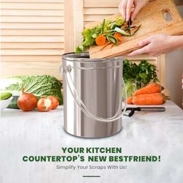 Utopia Kitchen Compost Bin for Kitchen Countertop - 1.3 Gallon Compost Bucket for Kitchen with Lid - Includes 1 Spare Charcoal Filter - Home and Kitchen Essentials - (Silver)