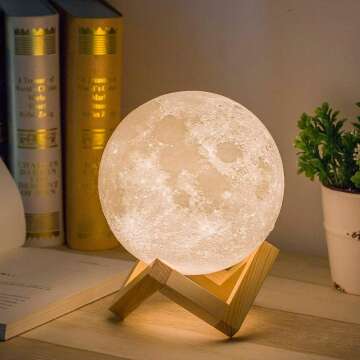 Mydethun 3D Moon Lamp with 5.9 Inch Wooden Base - LED Night Light, Mood Lighting with Touch Control Brightness for Home Décor, Bedroom, Gifts Kids Women Christmas New Year Birthday - White & Yellow