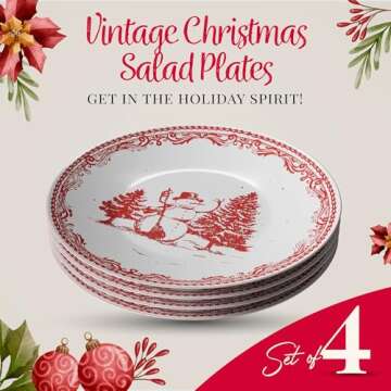 American Atelier Christmas Salad Plate (Set of 4) - Vintage Style 8-Inch Red Holiday Stoneware Dessert & Appetizer Plates - Decorative & Durable Dinnerware, Dishwasher & Microwave Safe Luxury Plates