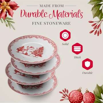 American Atelier Christmas Salad Plate (Set of 4) - Vintage Style 8-Inch Red Holiday Stoneware Dessert & Appetizer Plates - Decorative & Durable Dinnerware, Dishwasher & Microwave Safe Luxury Plates