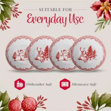 American Atelier Christmas Salad Plate (Set of 4) - Vintage Style 8-Inch Red Holiday Stoneware Dessert & Appetizer Plates - Decorative & Durable Dinnerware, Dishwasher & Microwave Safe Luxury Plates