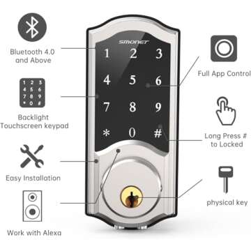 Smart Deadbolt, SMONET Keyless Entry Door Lock for Front Door, Electronic Digital Keypad Smartphone Touch Unlock Bluetooth Remote Auto Lock One-Time Code Easy to Install Support WiFi for Exterior