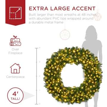 Best Choice Products 48in Large Artificial Pre-Lit Fir Christmas Wreath Holiday Accent Decoration w/ 200 LED Lights, 714 PVC Tips