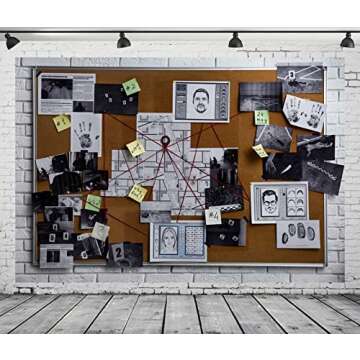 BELECO 7x5ft Fabric Spy Theme Detective Photography Backdrop Detective Board with Crime Scene Photos Fingerprint Clues Evidence Top Secret Mission Mystery Party Background Spy Decoration Photo Props