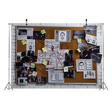 BELECO 7x5ft Fabric Spy Theme Detective Photography Backdrop Detective Board with Crime Scene Photos Fingerprint Clues Evidence Top Secret Mission Mystery Party Background Spy Decoration Photo Props