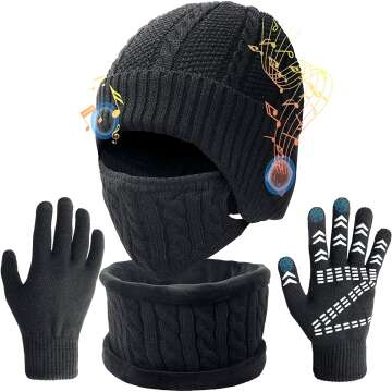 Music Beanie Set Winter Hat with Scarf Gloves Set Built in Speaker Headphones Unique Christmas Tech Gifts for Men Women Teen