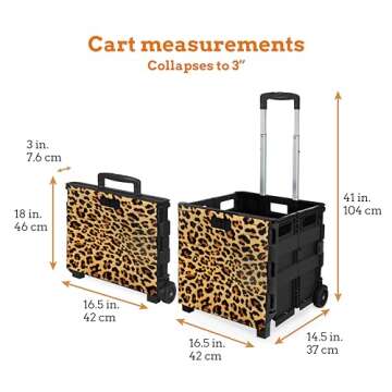 Inspired Living Ultra-Slim Rolling Collapsible Storage Pack-N-Roll Utility-carts, with Telescopic Handle, for Home, Garden, Shopping, Office, School use, Large, Leopard