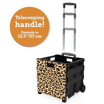 Inspired Living Ultra-Slim Rolling Collapsible Storage Pack-N-Roll Utility-carts, with Telescopic Handle, for Home, Garden, Shopping, Office, School use, Large, Leopard