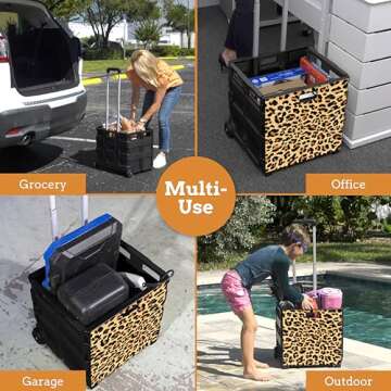 Inspired Living Ultra-Slim Rolling Collapsible Storage Pack-N-Roll Utility-carts, with Telescopic Handle, for Home, Garden, Shopping, Office, School use, Large, Leopard