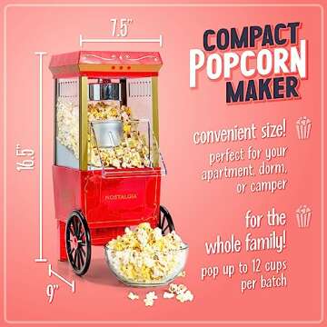 Nostalgia Vintage Hot-Air Popcorn Maker Machine - Makes Up to 12 Cups - Oil-Free - Healthier Popcorn - Classic Stand-Up Cart With Wheels - Includes Kernel Measuring Cup - Red