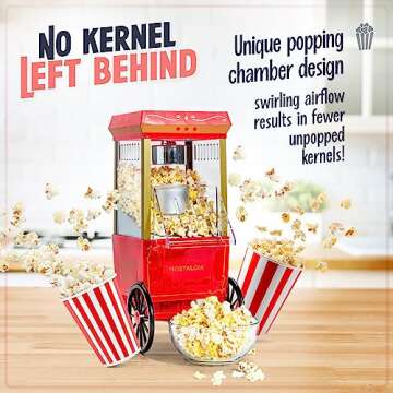 Nostalgia Vintage Hot-Air Popcorn Maker Machine - Makes Up to 12 Cups - Oil-Free - Healthier Popcorn - Classic Stand-Up Cart With Wheels - Includes Kernel Measuring Cup - Red