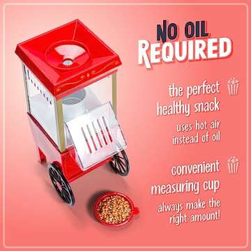 Nostalgia Vintage Hot-Air Popcorn Maker Machine - Makes Up to 12 Cups - Oil-Free - Healthier Popcorn - Classic Stand-Up Cart With Wheels - Includes Kernel Measuring Cup - Red