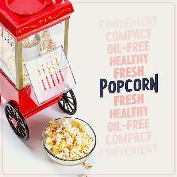 Nostalgia Vintage Hot-Air Popcorn Maker Machine - Makes Up to 12 Cups - Oil-Free - Healthier Popcorn - Classic Stand-Up Cart With Wheels - Includes Kernel Measuring Cup - Red