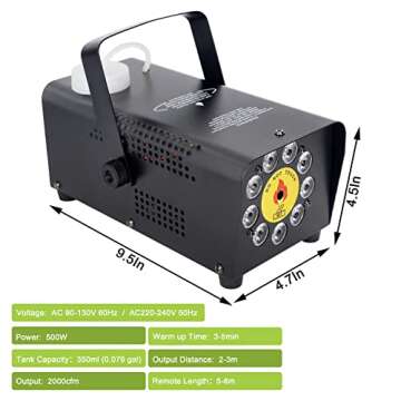 ATDAWN Fog Machine with 9 LED Lights, Wireless Remote Control, Smoke Machine with 12 Colors for Stage Party Effect, Halloween Wedding Special Event