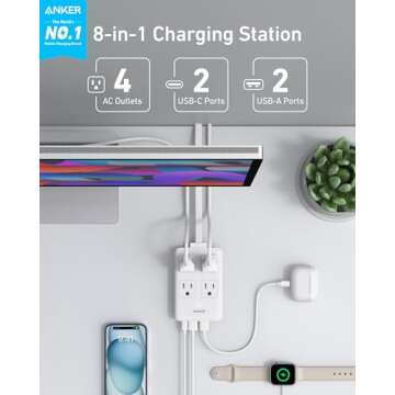 Anker Charging Station, 20W Max 8-in-1 USB-C Power Strip for iPhone 15/14 and MacBook Air/Pro, 5 ft Thin Cord with 4 AC, 2 USB-A, and 2 USB-C Ports, Fast Charging Desktop Charger for Travel, Office