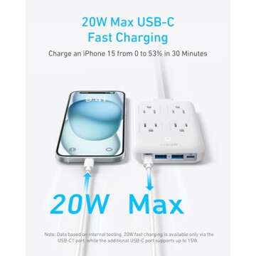 Anker Charging Station, 20W Max 8-in-1 USB-C Power Strip for iPhone 15/14 and MacBook Air/Pro, 5 ft Thin Cord with 4 AC, 2 USB-A, and 2 USB-C Ports, Fast Charging Desktop Charger for Travel, Office