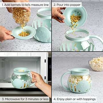 Ecolution Patented Micro-Pop Microwave Popcorn Popper with Temperature Safe Glass, 3-in-1 Lid Measures Kernels and Melts Butter, Made Without BPA, Dishwasher Safe, 1.5-Quart, Aqua