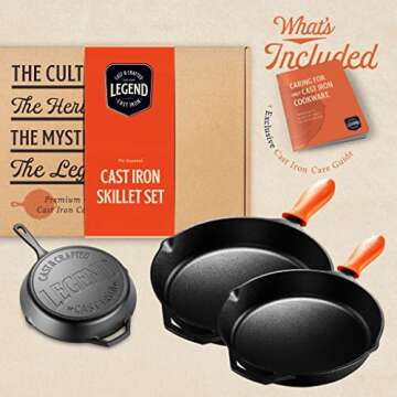 Legend Cookware Cast Iron Skillet Set Large 10” & 12” Frying Pans with Silicone Hot Sleeves for Oven, Induction, Cooking, Pizza, Sautéing & Grilling | Lightly Pre-Seasoned Cookware Gets Better