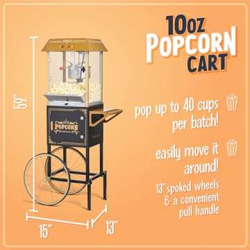 Nostalgia Popcorn Maker Machine - Professional Cart With 10 Oz Kettle Makes Up to 40 Cups - Vintage Lincoln Popper Popcorn Machine Movie Theater Style - Black