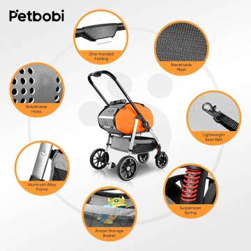 Petbobi 5-in-1 Dog Stroller with Detachable Carrier | Pet Stroller, Carrier, Backpack, Handbag, and Car Seat | For Puupy and Cats Up to 20 lbs | Aluminum Frame, Large Wheels, Easy Assembly and Folding