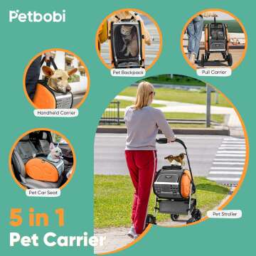 Petbobi 5-in-1 Dog Stroller with Detachable Carrier | Pet Stroller, Carrier, Backpack, Handbag, and Car Seat | For Puupy and Cats Up to 20 lbs | Aluminum Frame, Large Wheels, Easy Assembly and Folding