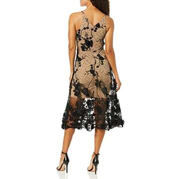 Dress the Population womens Audrey Spaghetti Strap Midi A-line 3d Floral Special Occasion Dress, Black/Nude, Medium US