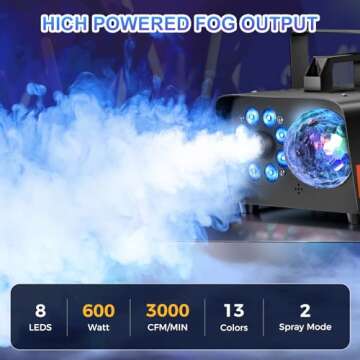 Dashsafe Smoke Machine, Fog Machine with Disco Ball Lights, 600W and 3000CFM with 13 Colorful LED Lights Effect, Wireless Remote Control, Suitable for Parties, Wedding, Halloween, and DJ Stage, Indoor