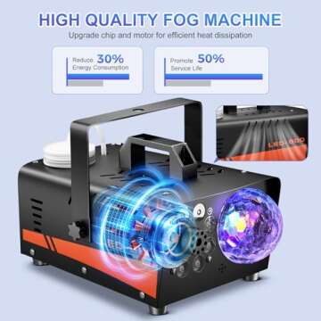 Dashsafe Smoke Machine, Fog Machine with Disco Ball Lights, 600W and 3000CFM with 13 Colorful LED Lights Effect, Wireless Remote Control, Suitable for Parties, Wedding, Halloween, and DJ Stage, Indoor