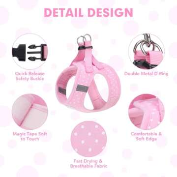 BINGPET Vest Harness for Puppy and Cat, No Pull Adjustable Reflective Step-in Puppy Harness Cute Pink Polka Dot Soft Dog Harness for Small and Medium Dogs (Pink, M(Chest Girth:16-18 in))