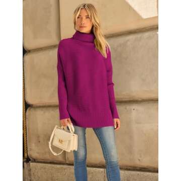 LILLUSORY Womens Turtleneck Oversized Tunic Fall Sweaters 2024 Trendy Casual Long Pullover Knit Winter Casual Cute Poncho Fashion Trendy Clothes Outfits Clothing Tops Hot Pink