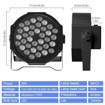 U`King Stage Lights 10 Packs 36LED RGB LED Par Lights, 7 Channel DJ Party Lights with Remote Control & DMX Controller Sound Activated Uplights for Events Birthday Bar Dance Decoration