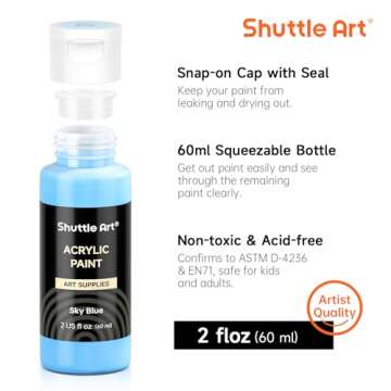 Shuttle Art Acrylic Paint, 50 Colors Acrylic Paint Set, 2oz/60ml Bottles, Rich Pigments, Water Proof, Premium Acrylic Paints for Artists, Beginners and Kids on Canvas Rocks Wood Ceramic Fabric