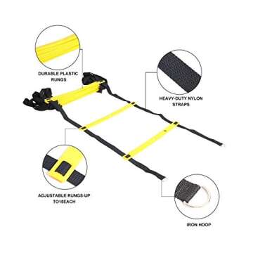 Alich fitness 20 feet Speed Training Agility Ladder Carry Bag 12 Heavy Duty Adjustable Yellow Rung 10 disc Cones 4 Hooks Outdoor Workout Football Sport Adult Soccer Ball 2014 World Cup Design Size 5