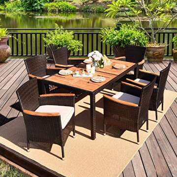 Tangkula 7 PCS Outdoor Patio Dining Set, Garden Dining Set w/Acacia Wood Table Top, Stackable Chairs with Soft Cushion, Poly Wicker Dining Table and Chairs Set (Brown)