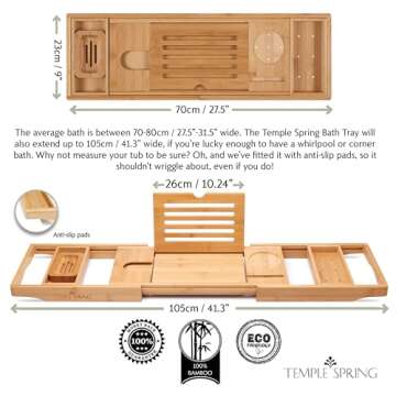 Temple Spring Bathtub Caddy Tray - Extendable Bath Tray for Bathtub with Candle, Wine Glass, Book, Pad & Phone Holders - Adjustable Bathtub Tray Over tub w/Bathroom Accessories - Natural Wood