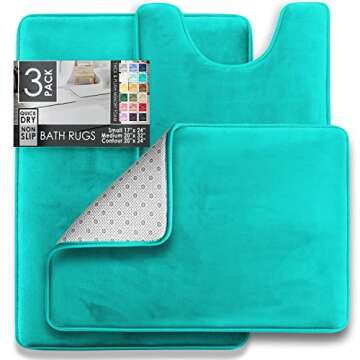 Clara Clark 3 Piece Bathroom Rugs Bath Mat Set, Velvet Memory Foam Bath Mats for Bathroom - Non-Slip, PVC Backing Bath Rugs, Washable Bathroom Rug Mats - Dries Quickly, Soft Teal Bathroom Rug Set