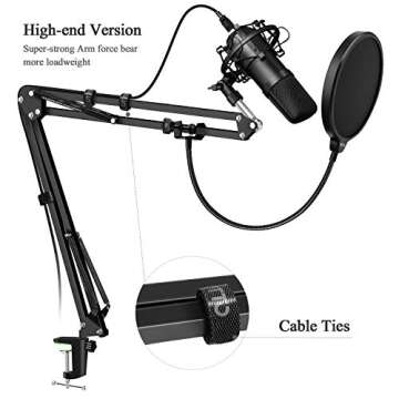 YOTTO Microphone Stand Adjustable Studio Mic Stand Suspension Boom Scissor Arm with Pop Filter Windscreen, 3* Cable Ties, for Blue Yeti, Snowball & Other Microphones Radio Broadcasting, Recording