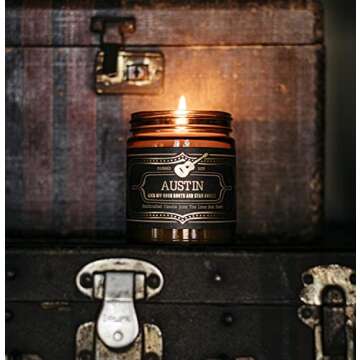 Jackson Vaughn Scented Texas Candle, Austin - Scents of Patchouli, Prairie Grass, Mexican Amber - 9oz Jar - 40 Hour Burn Time