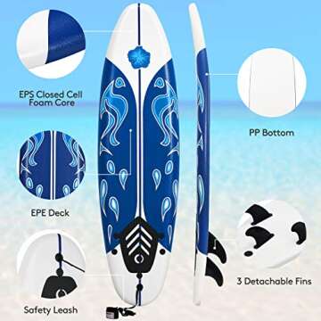 Giantex 6' Surfboard Surfing Surf Beach Ocean Body Foamie Board with Removable Fins, Great Beginner Board for Kids, Adults and Children