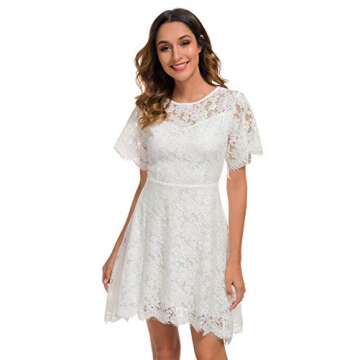 Little White Dress Lace Floral Women Graduation Dance Outdoor Special Occasion Junior Teen Girl Short Sleeves Wedding Dresses with Sleeves 943 (S, White)