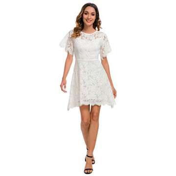 Little White Dress Lace Floral Women Graduation Dance Outdoor Special Occasion Junior Teen Girl Short Sleeves Wedding Dresses with Sleeves 943 (S, White)