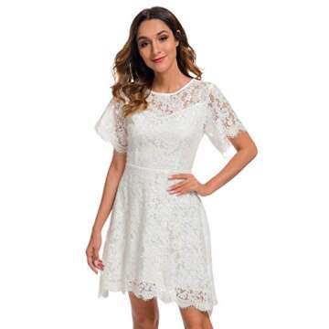 Little White Dress Lace Floral Women Graduation Dance Outdoor Special Occasion Junior Teen Girl Short Sleeves Wedding Dresses with Sleeves 943 (S, White)