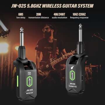 JOYO 5.8GHz Wireless Guitar System Wireless Guitar Transmitter Receiver Rechargeable Audio with 4 Siganl Channels for Electric Guitar Bass 20M (JW-02S)