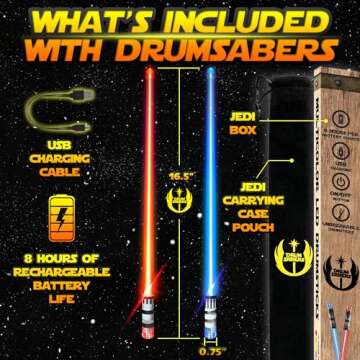 Lightsaber Drum Sticks Light Up Star DrumSticks Wars Lighted LED Rechargeable 10 Unique Colors and 2 Color Changing Glow Drumming Glowing Drummer Plastic Drum Stick Anime Jedi Gift Set